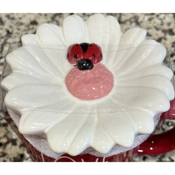 New Rae Dunn LOVE BUG Valentine's Day Mug With Ladybug on Flower Topper Red - Picture 2 of 6